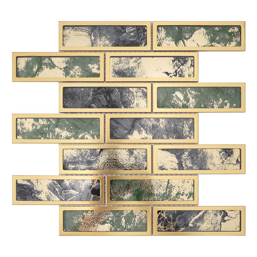 Front view of mosaic sheet with alternating green foil glass and black textures, framed in gold stainless steel.
