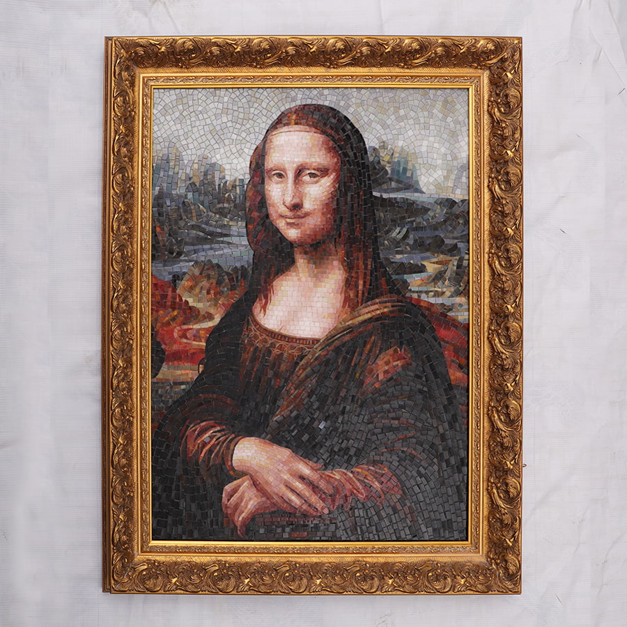 Mona Lisa mosaic mural displayed in ornate gold frame on wall for decorative art installation.