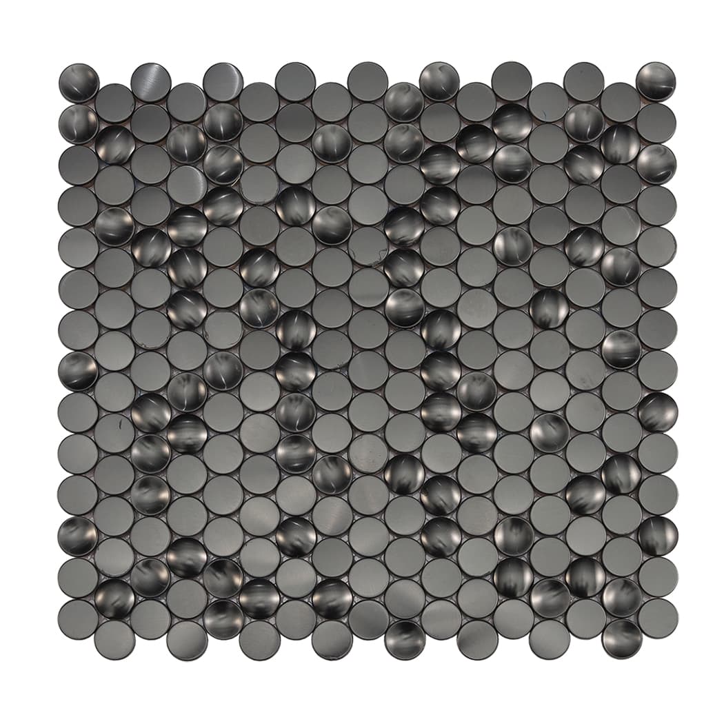 Front view of a black brushed mixed concave flat and convex circular stainless steel mosaic sheet.