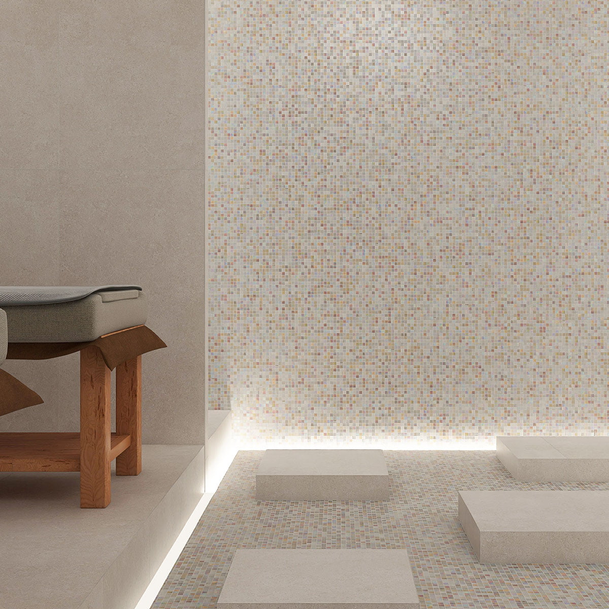 Front and back view of ivory iridescent mosaic tile sheet