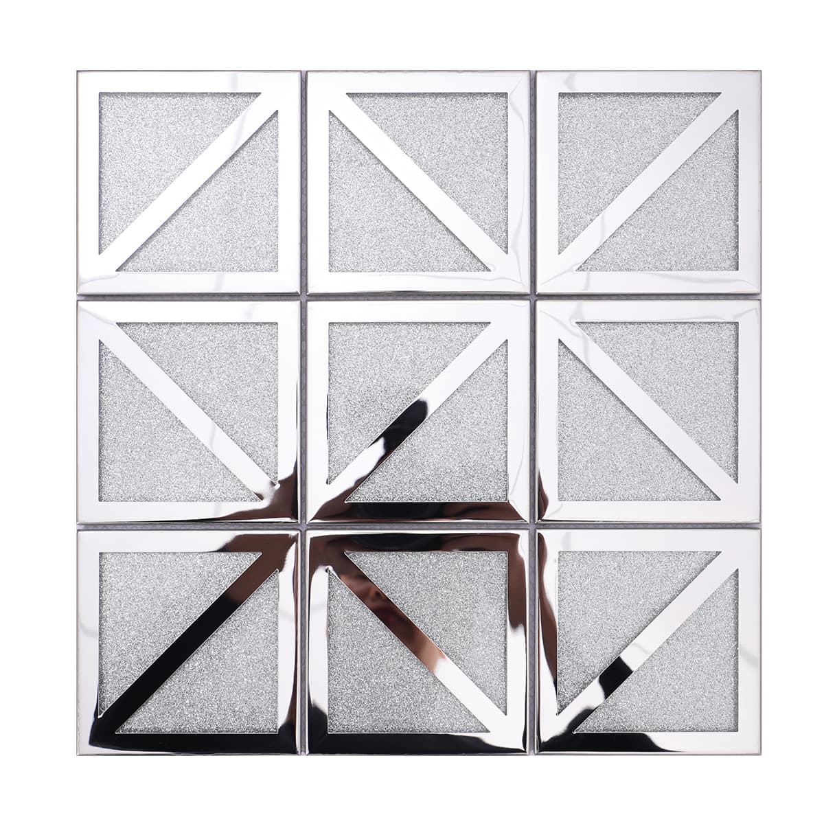 Silver square mosaic tile featuring triangle glitter glass and metallic borders