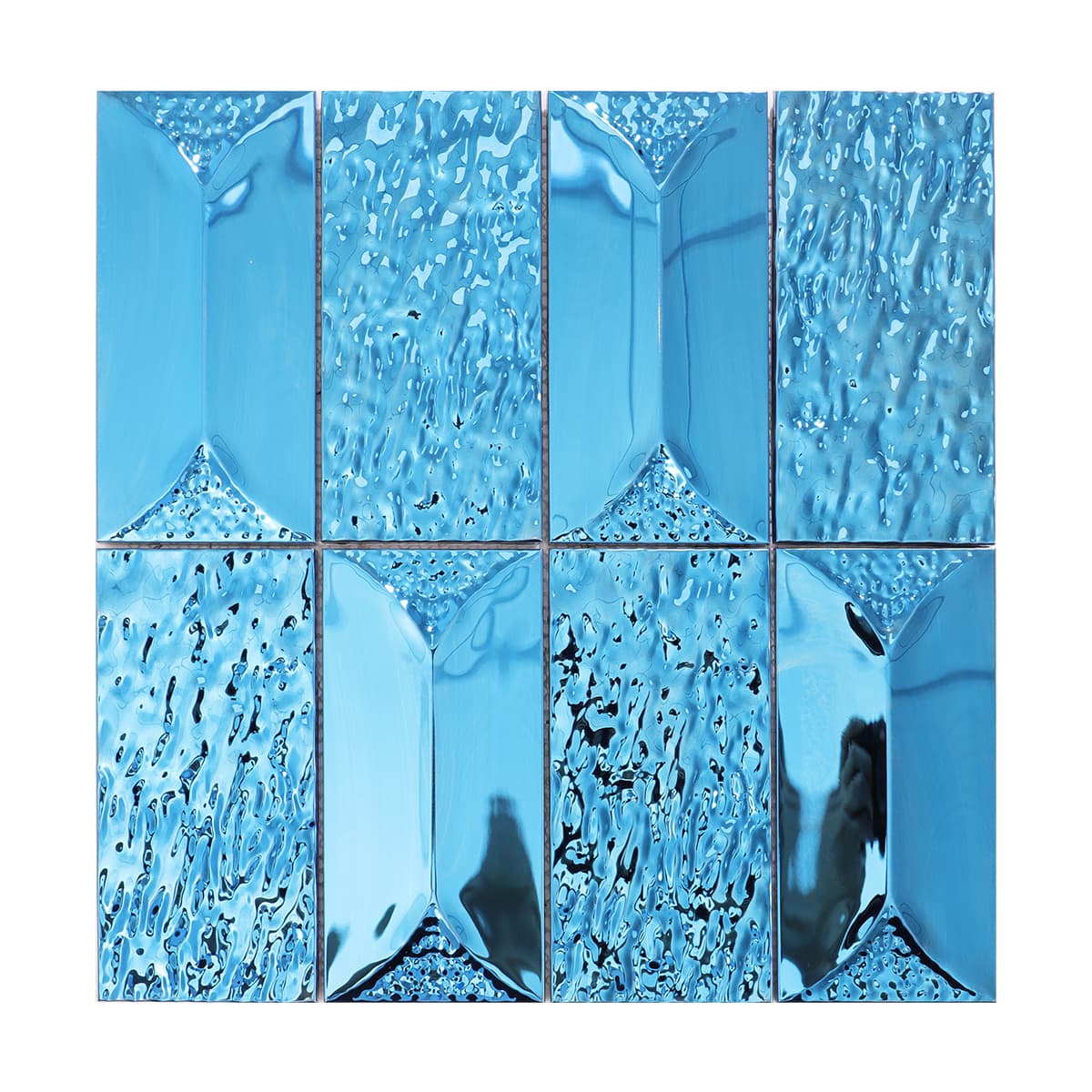 Full sheet of reflective blue stainless steel 3D mosaic tiles