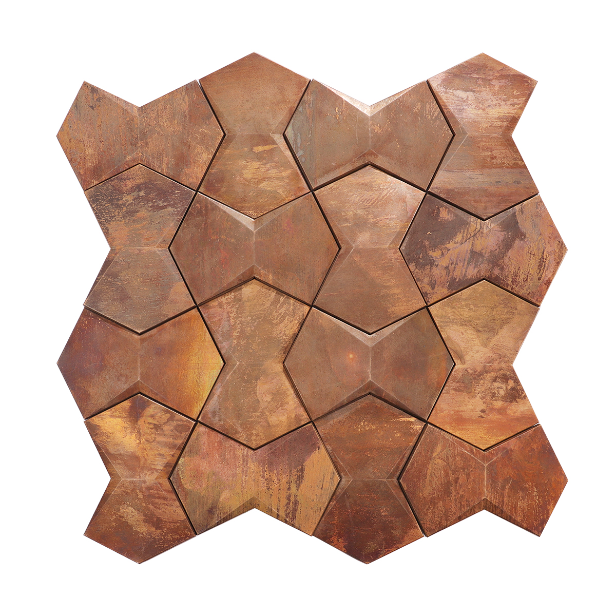 Full sheet of textured 3D copper mosaic wall tiles