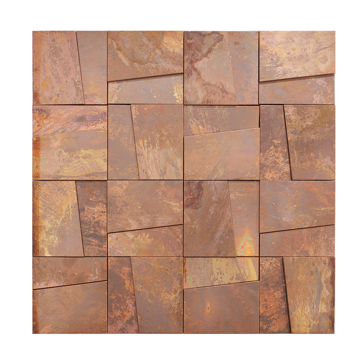 Full sheet of metallic copper square mosaic tiles.