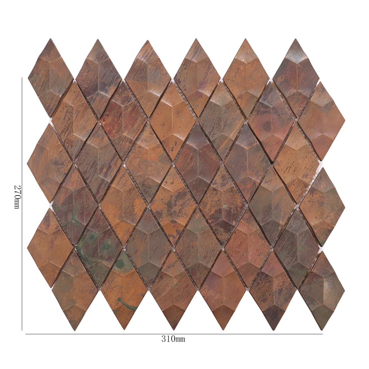 3D antique diamond copper mosaic wall tiles with precise measurements.