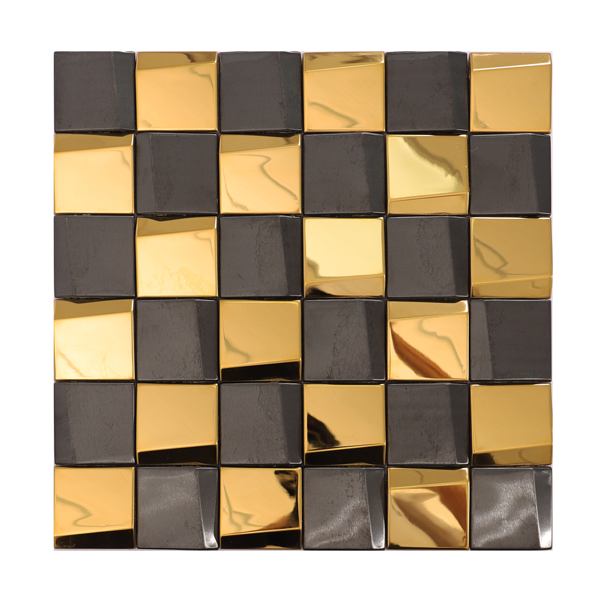 Full view of gold and black 3D glossy stainless steel backsplash tiles