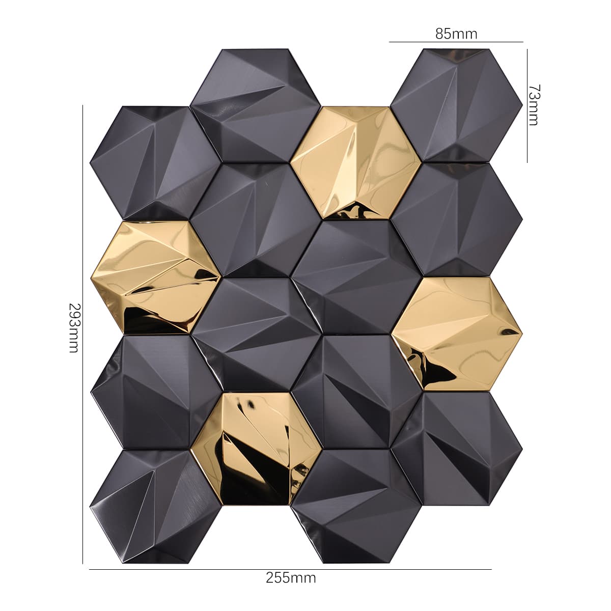 3D hexagon tile sheet in gold and black with dimensions marked.