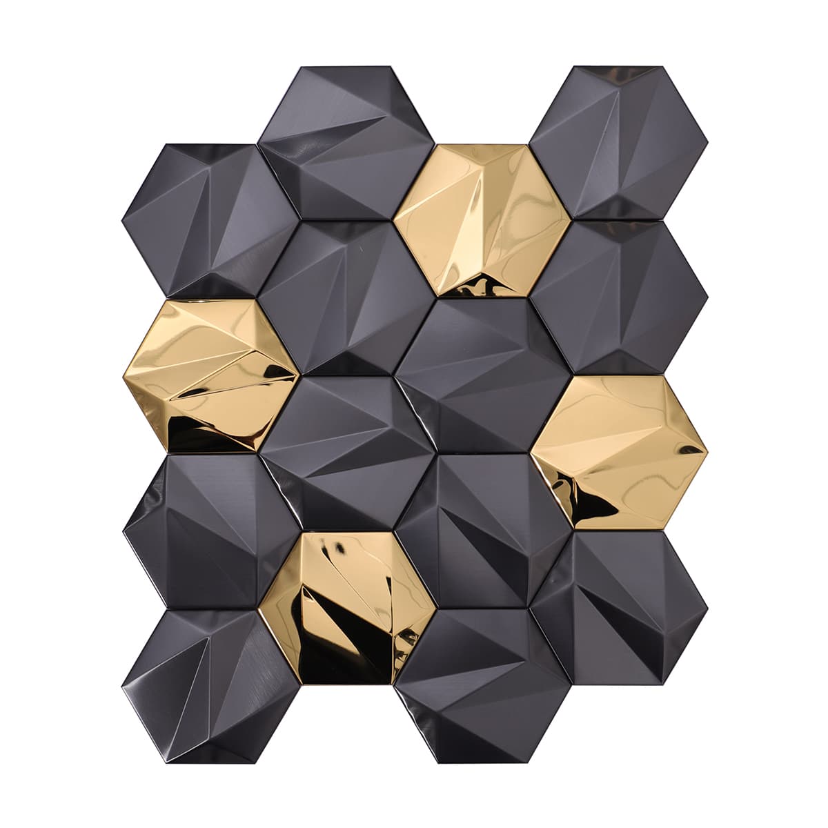Geometric 3D wall tile sheet with alternating gold and black finishes.