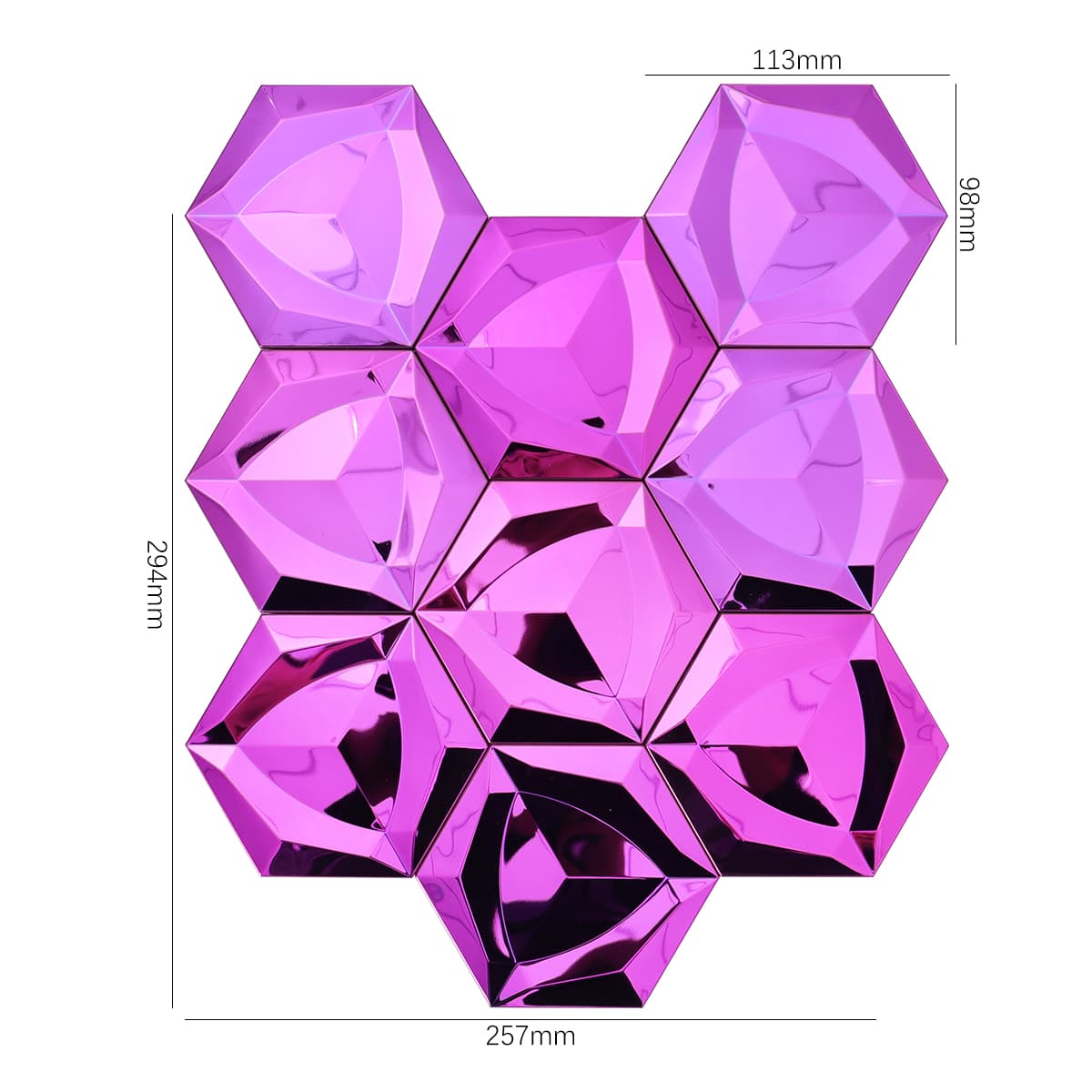 Measurement layout of pink mirror stainless hexagon mosaic tiles