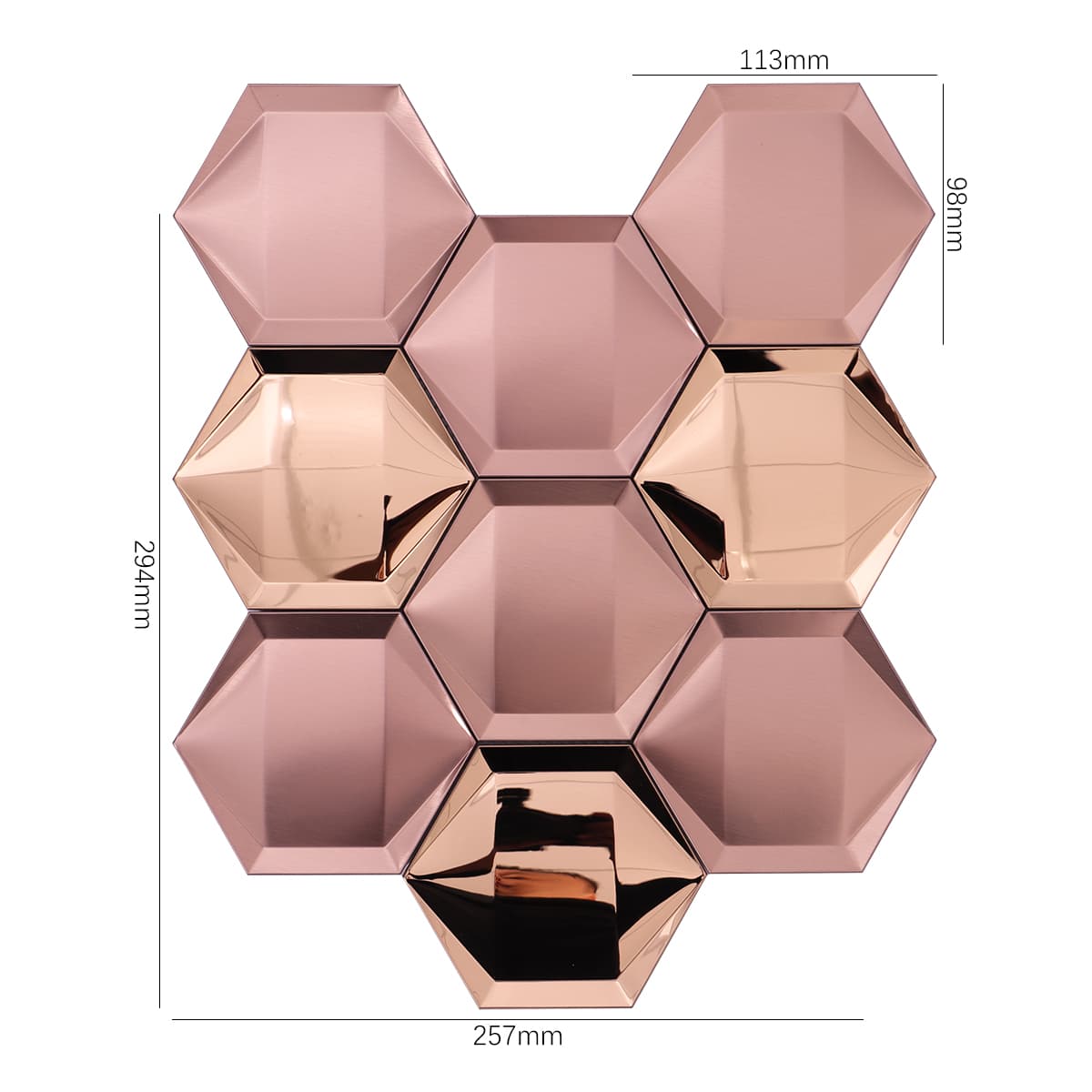Front view of Hexagonal Stainless Steel mosaic with size