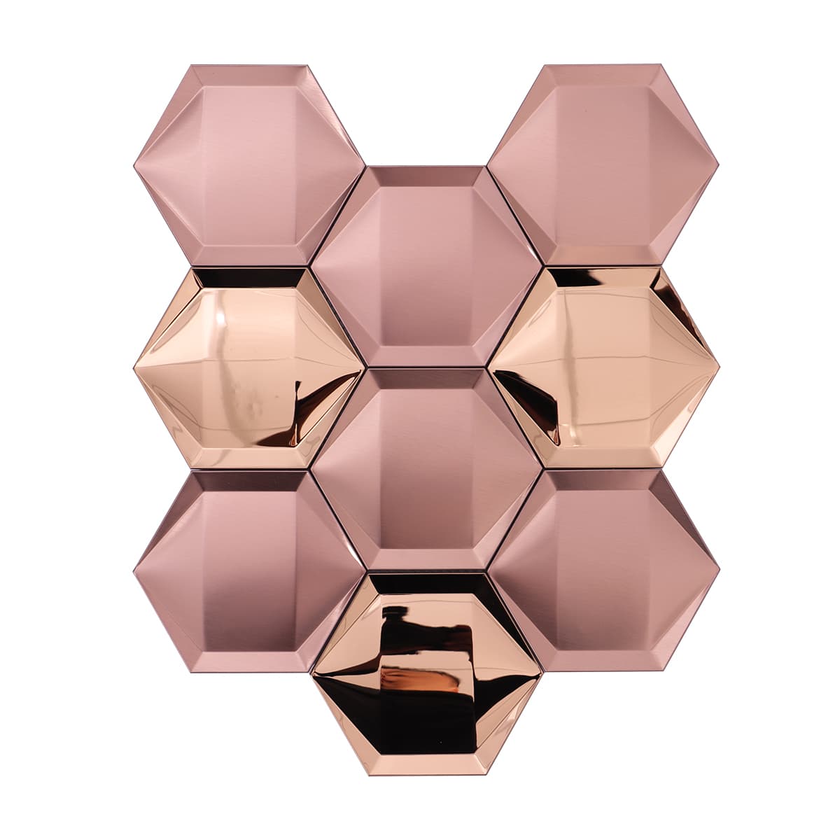 Rose gold hexagon metal mosaic with brushed and glossy surface.