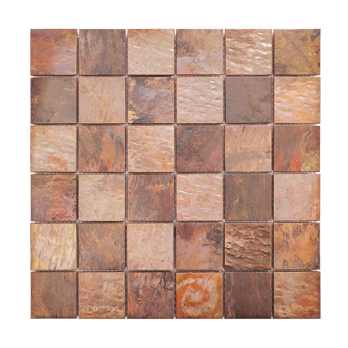 Full front view of antique copper mosaic tile sheet