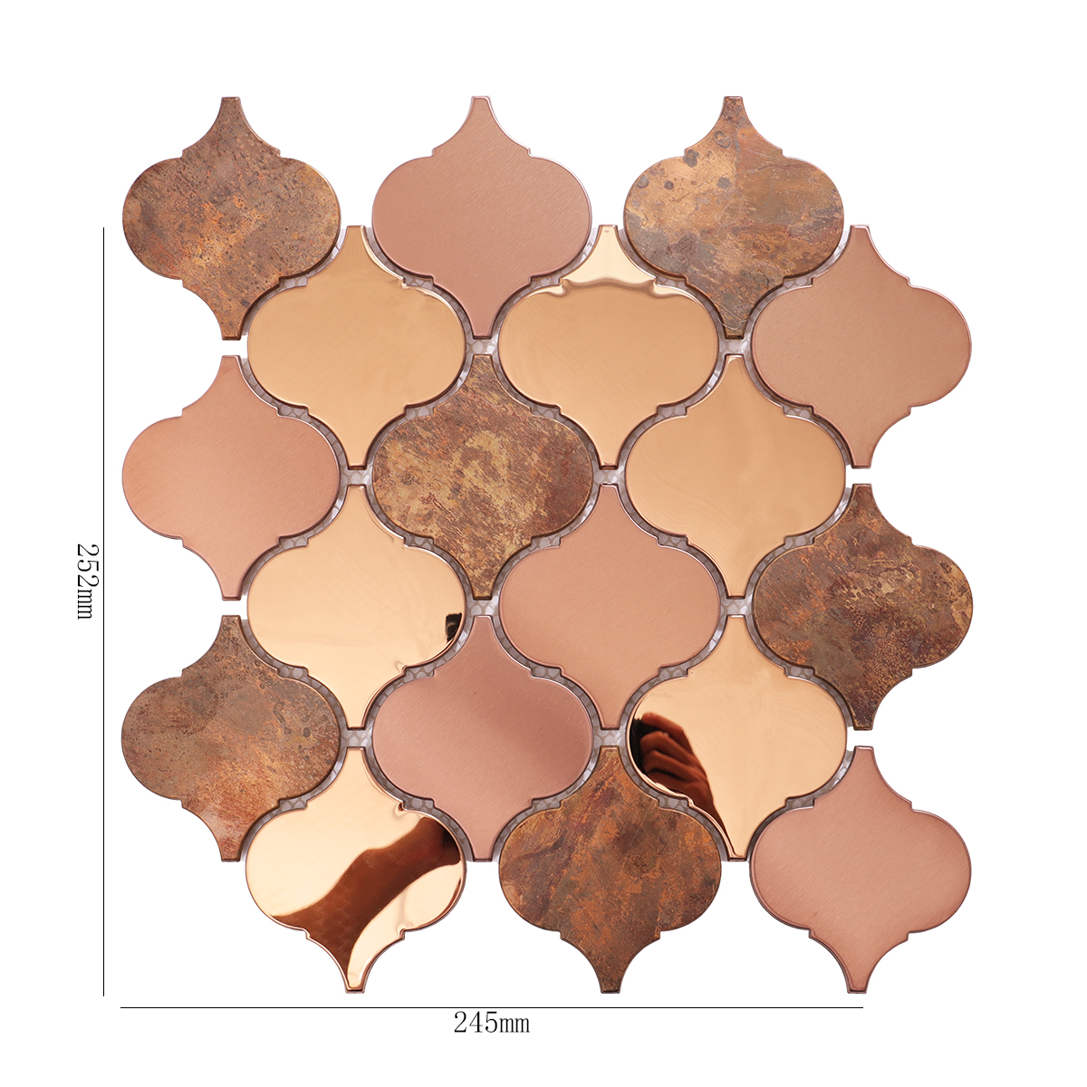 Rose gold stainless steel and copper arabesque mosaic tile with size details.