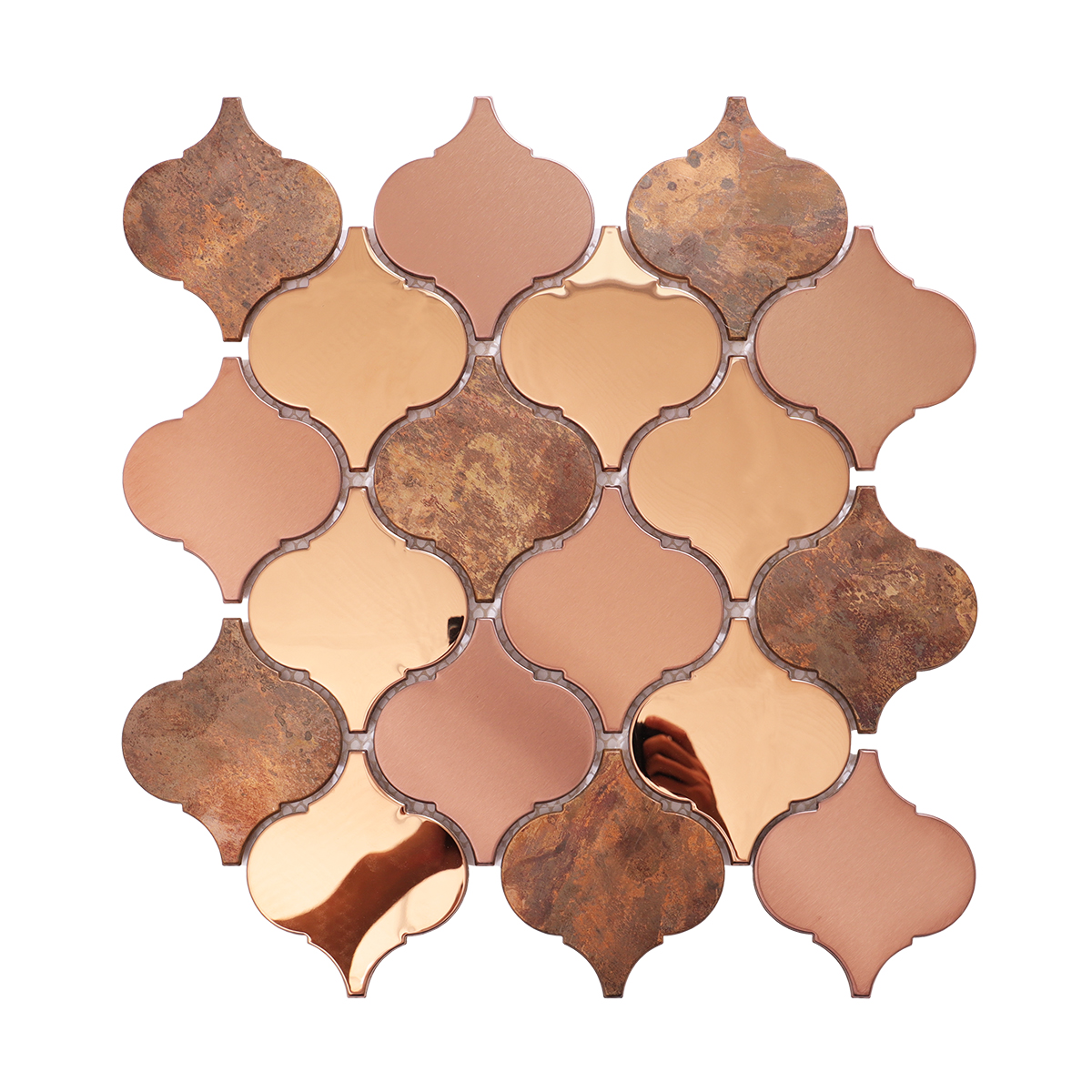 Full view of rose gold and copper arabesque mosaic tiles