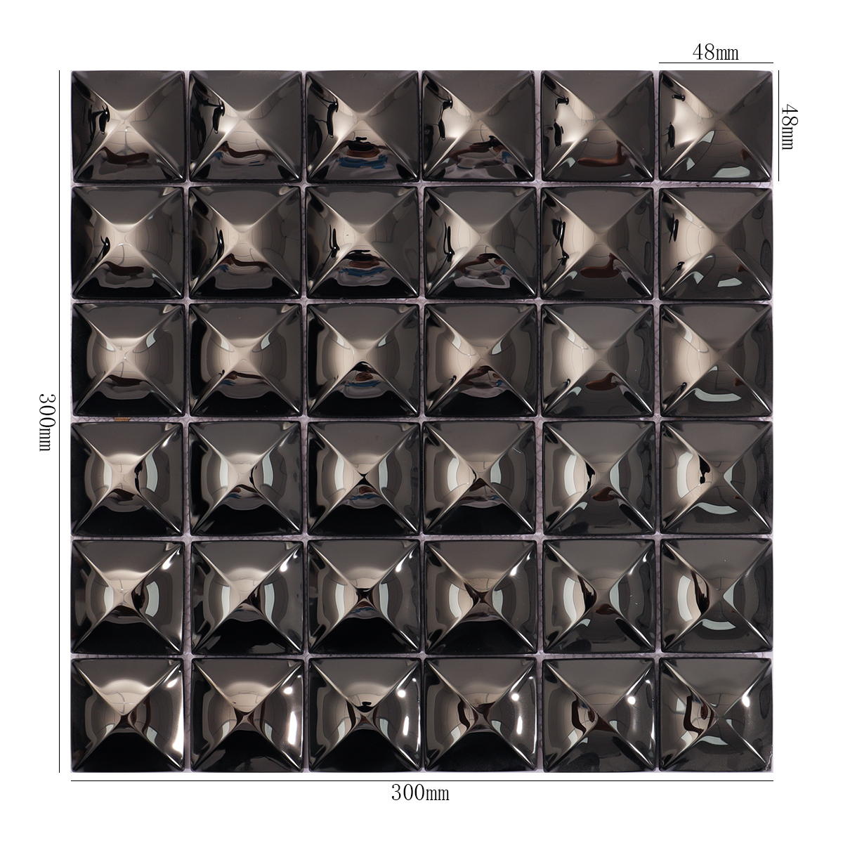 Glossy black 3D square stainless steel mosaic tiles with size details.