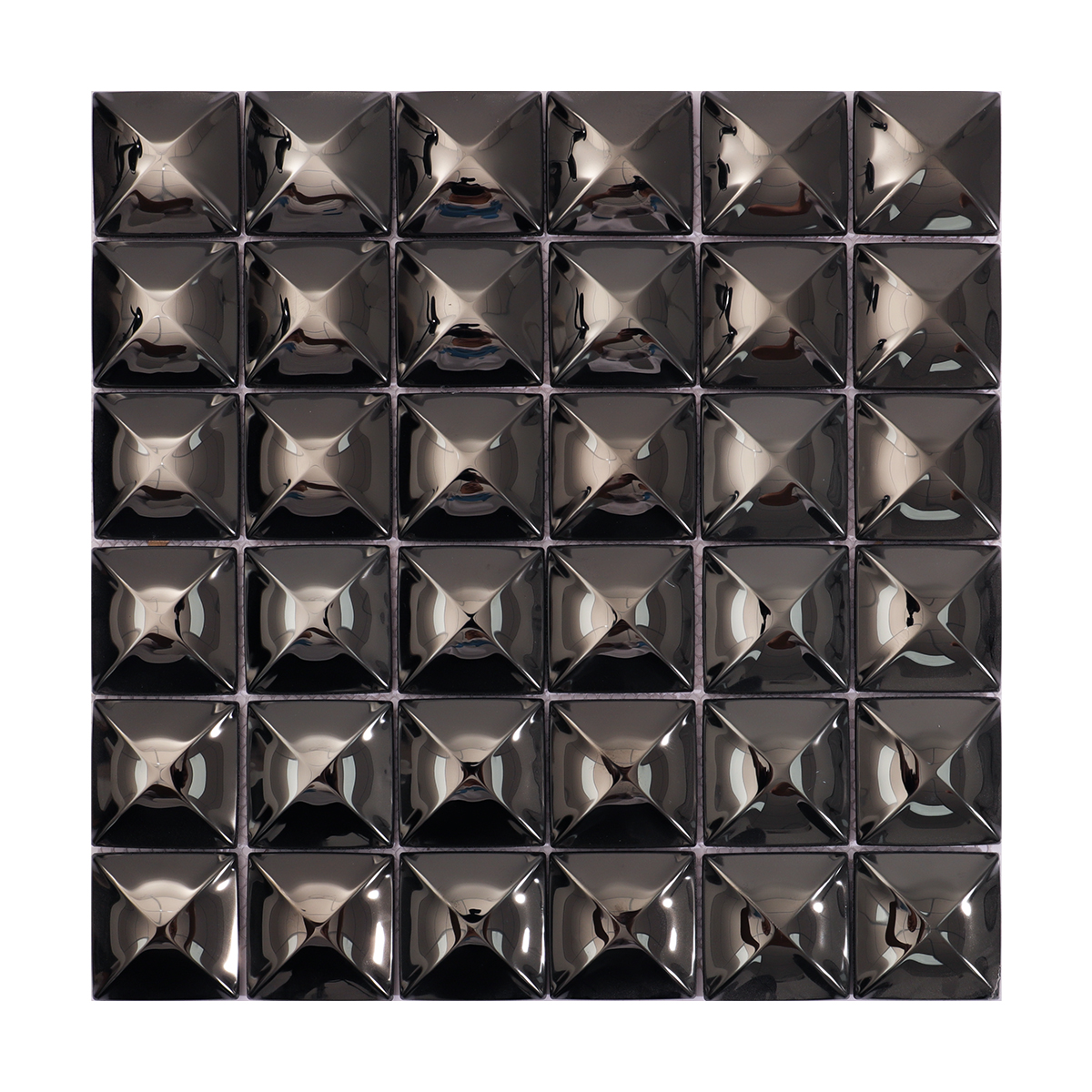 Full sheet of high-gloss black stainless steel 3D mosaic tiles.