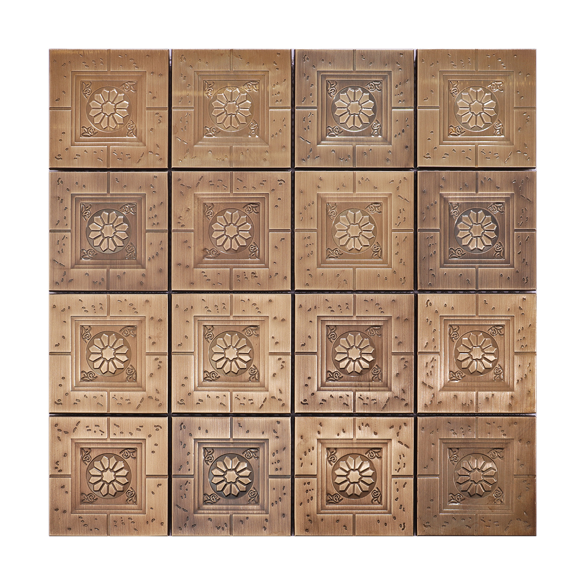 Full sheet of antique brass floral embossed metal mosaic tiles.