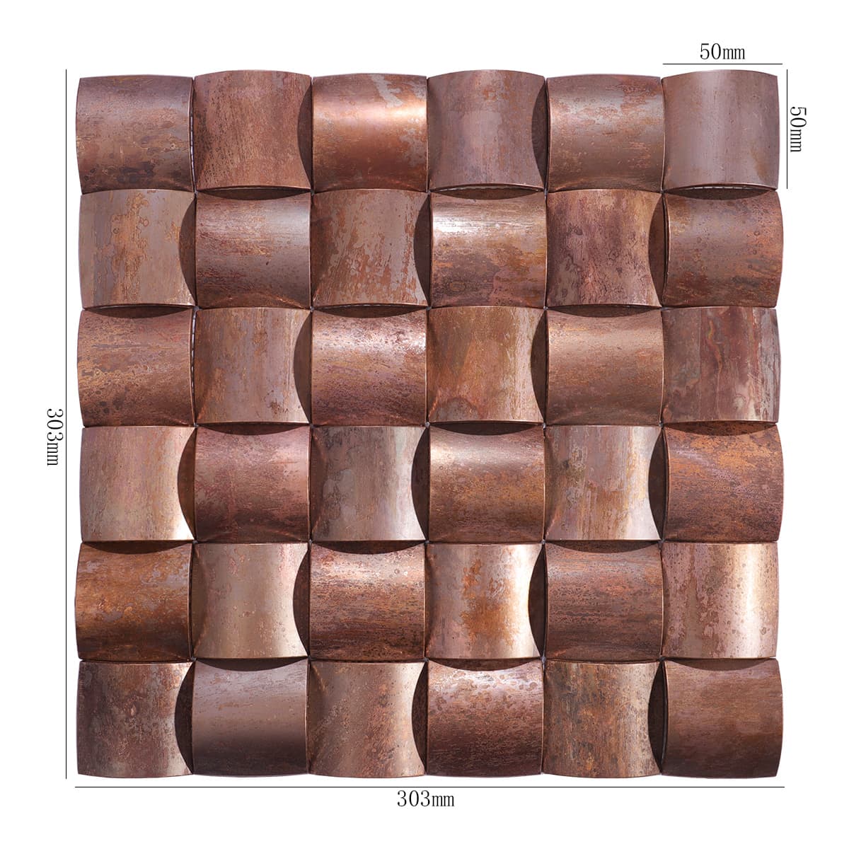 Copper 3D bread-style mosaic wall tile with size markings
