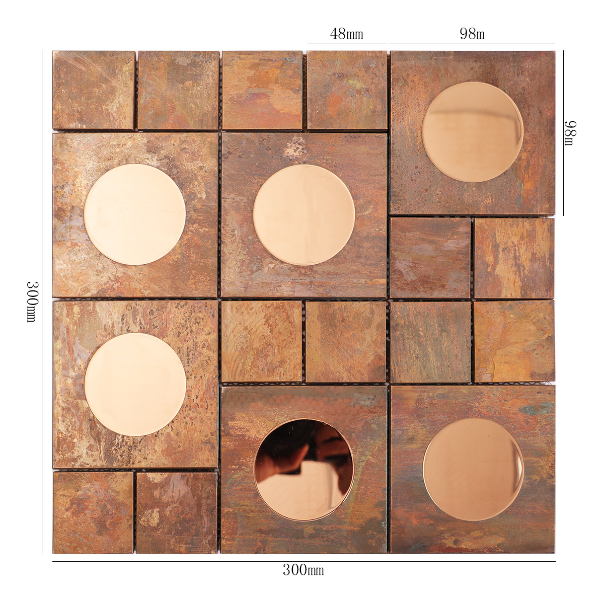 Antique square copper and stainless steel mosaic tile with size details.