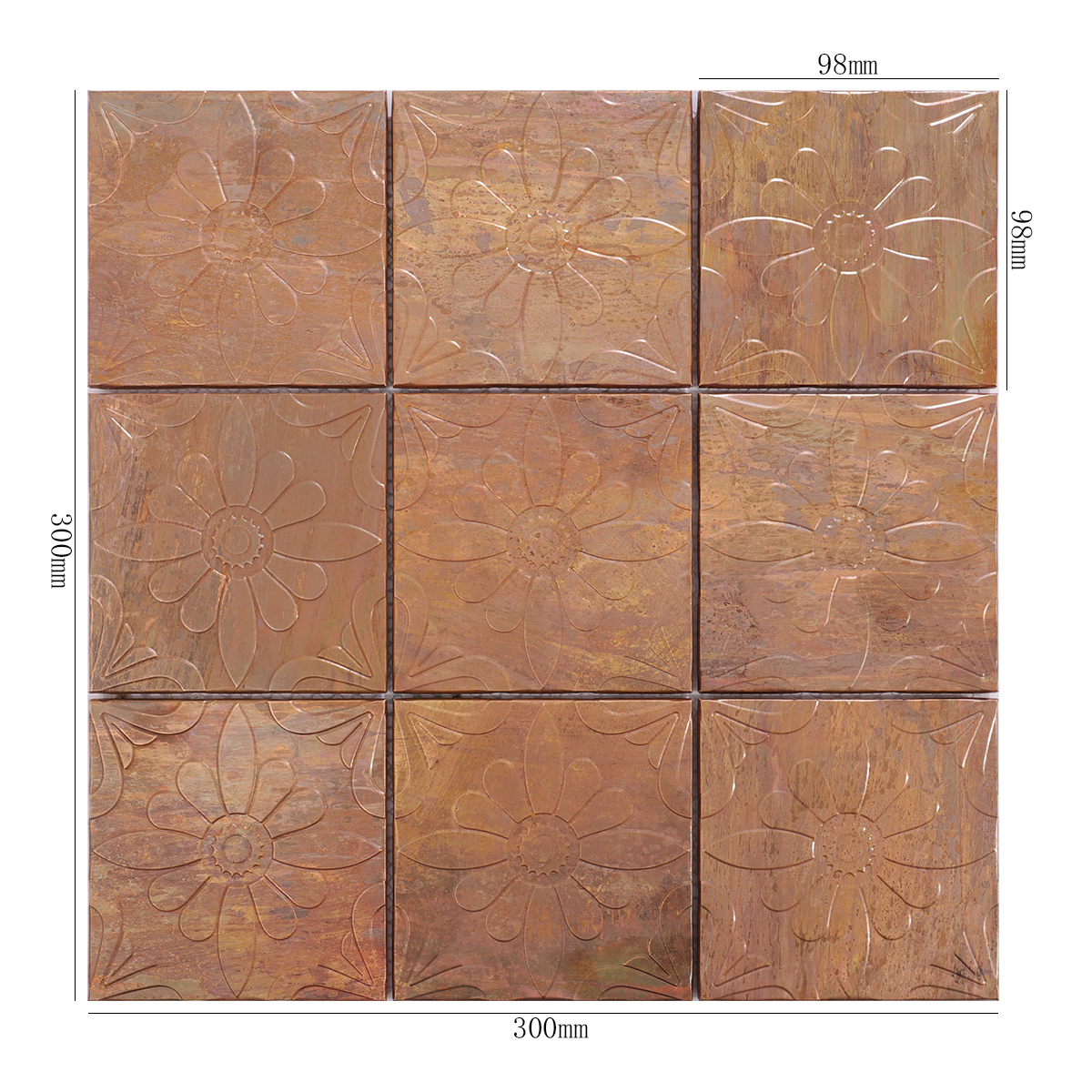 Printed square antique copper backsplash mosaic tile with size details.