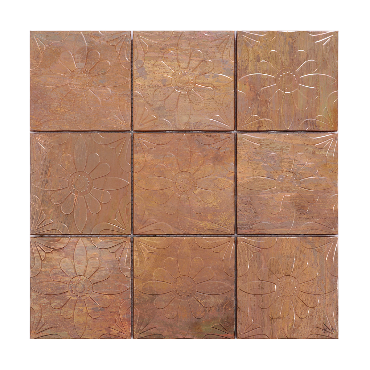 Full sheet of antique copper square mosaic tiles with intricate prints