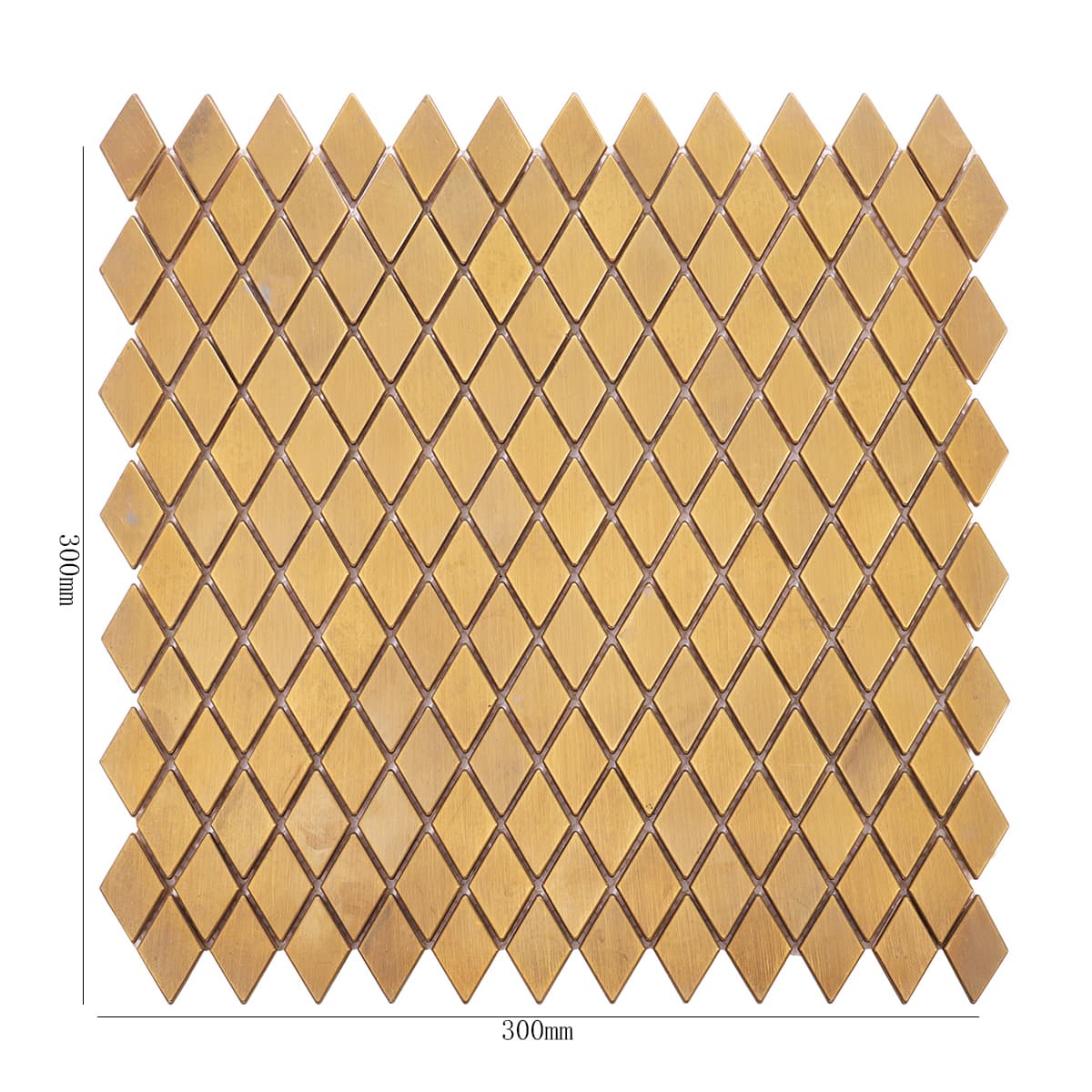 Diamond brass metal mosaic backsplash tile with detailed measurements.