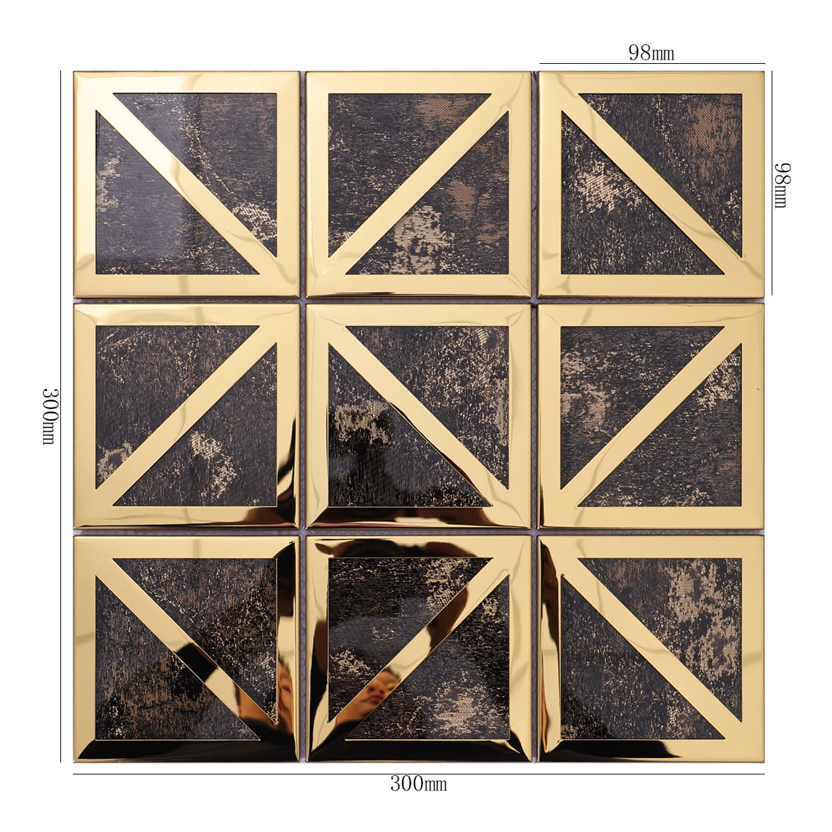 Front view with size of black and gold square mosaic