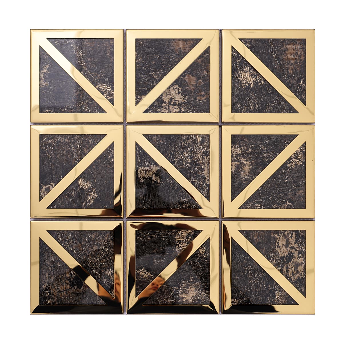 Gold and glass square mosaic tile front display