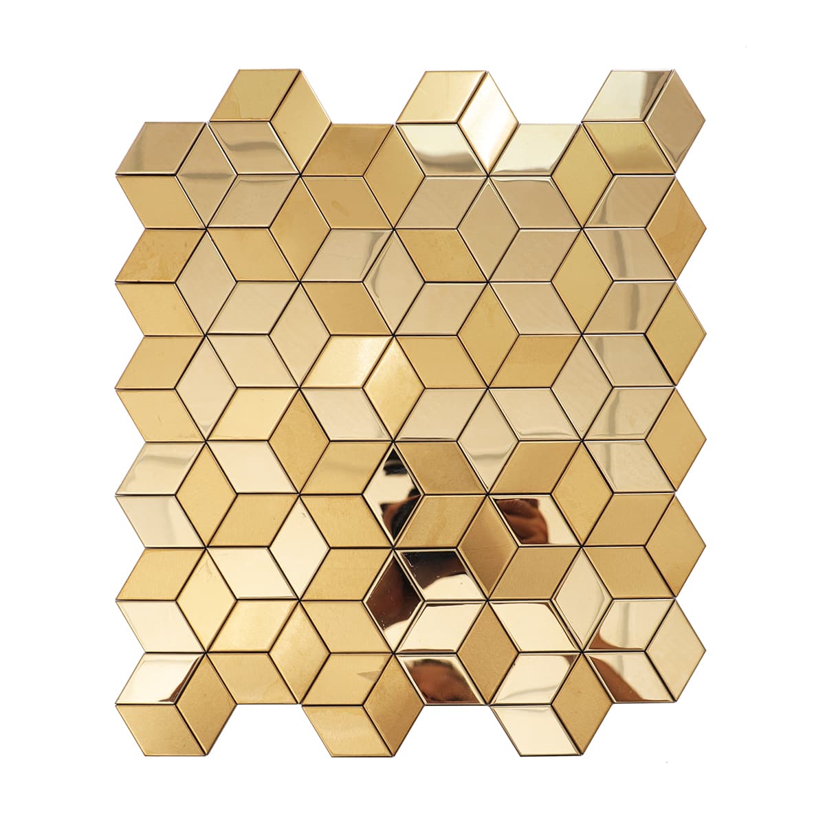Full sheet view of gold-tone stainless steel cube mosaic tiles