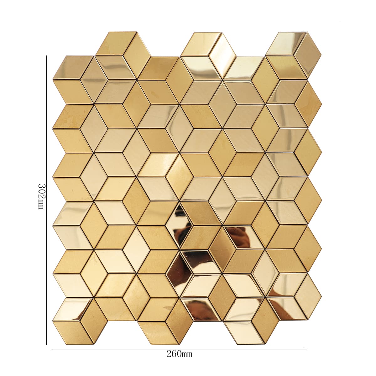 Gold stainless steel cube mosaic tile with precise measurements.