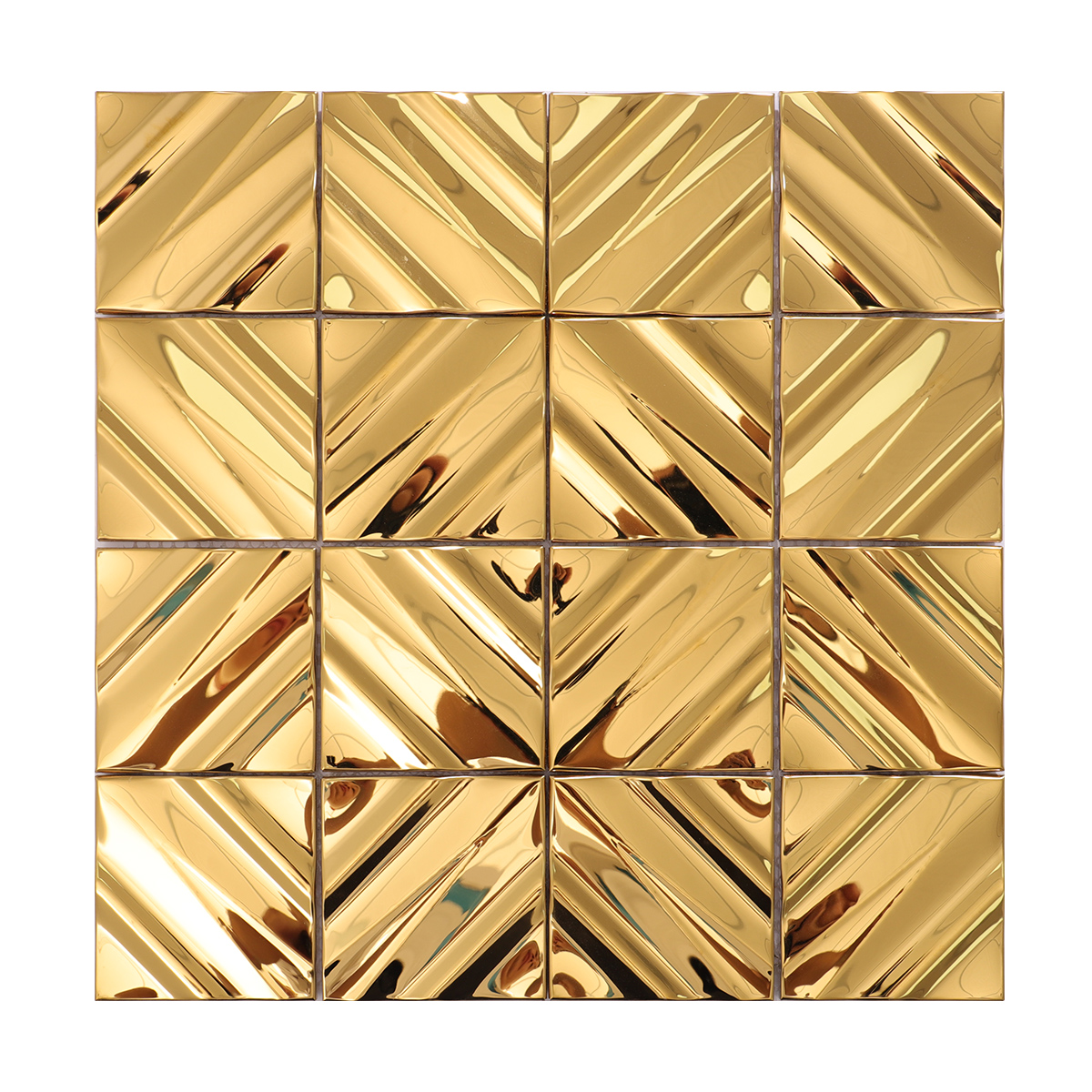 Full sheet of high-gloss gold stainless steel 3D square mosaic tiles