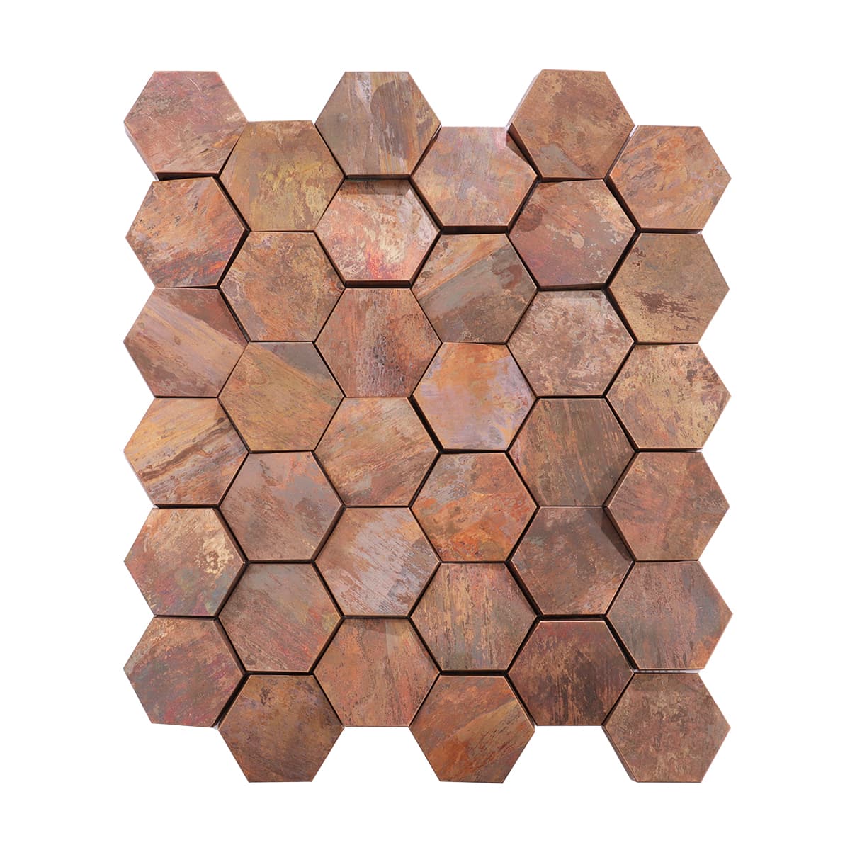 Full view of hexagon-shaped antique copper mosaic tiles