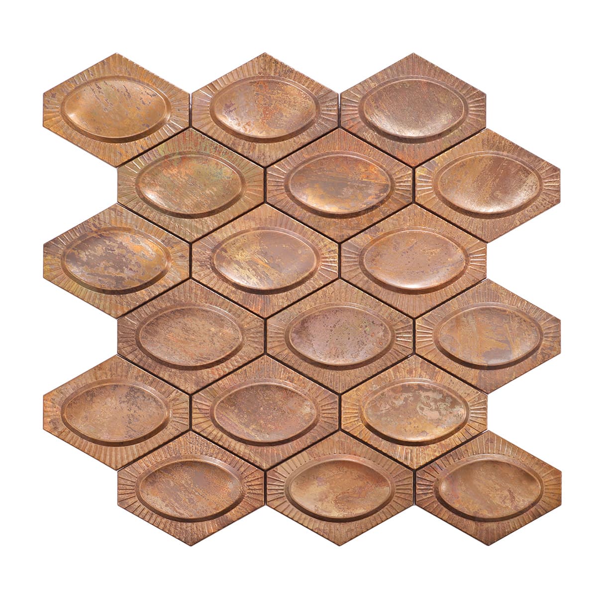 Full sheet of hexagonal 3D copper mosaic tiles