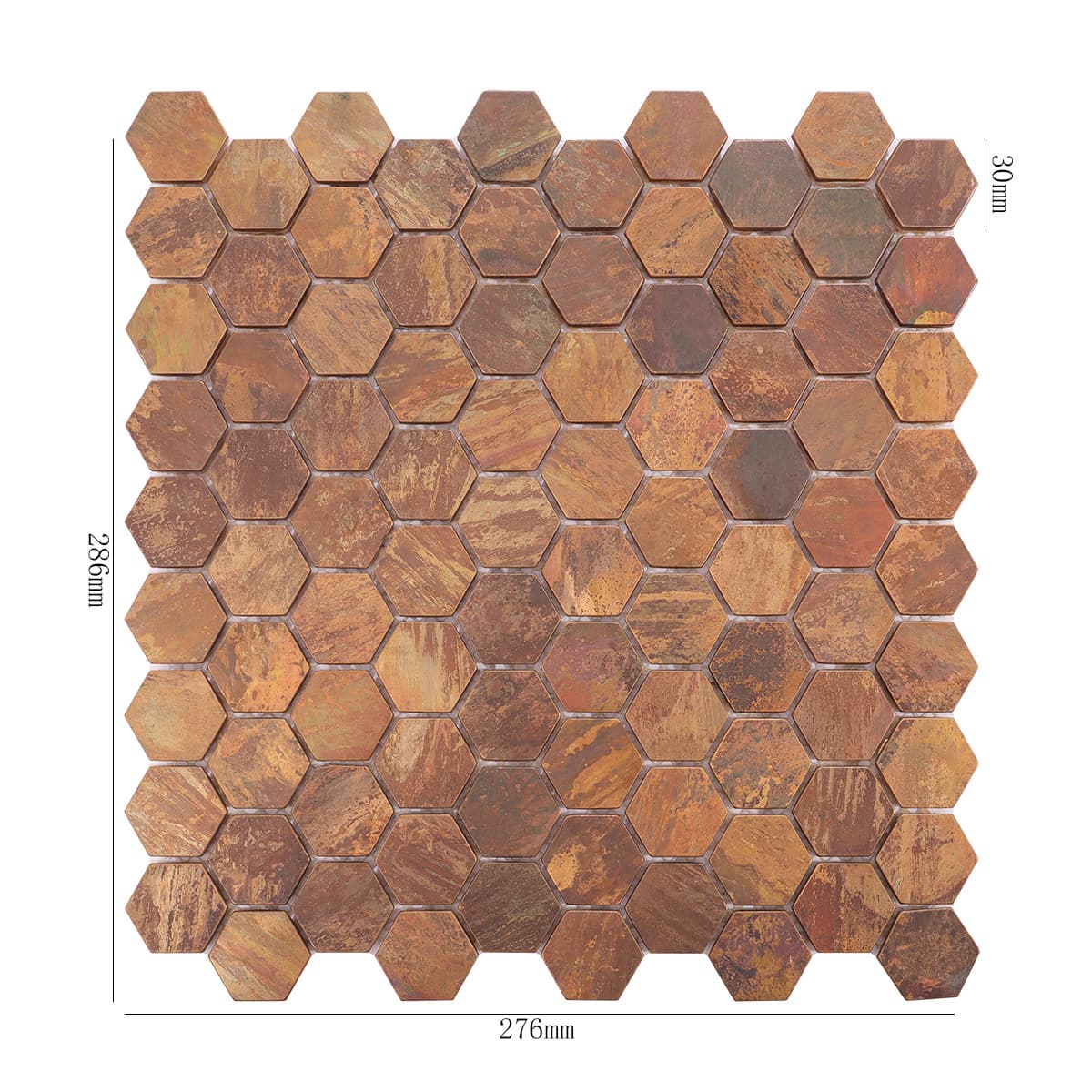 Brown hexagon copper mosaic wall tile with measurements