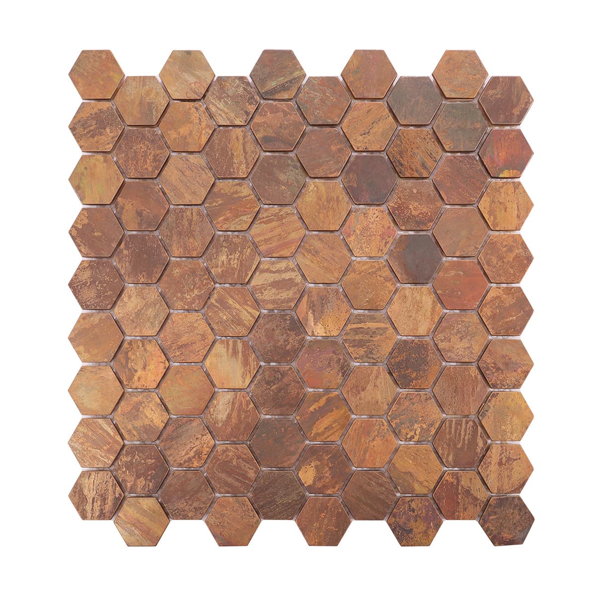 Full sheet view of brown metallic copper hexagon mosaic tiles