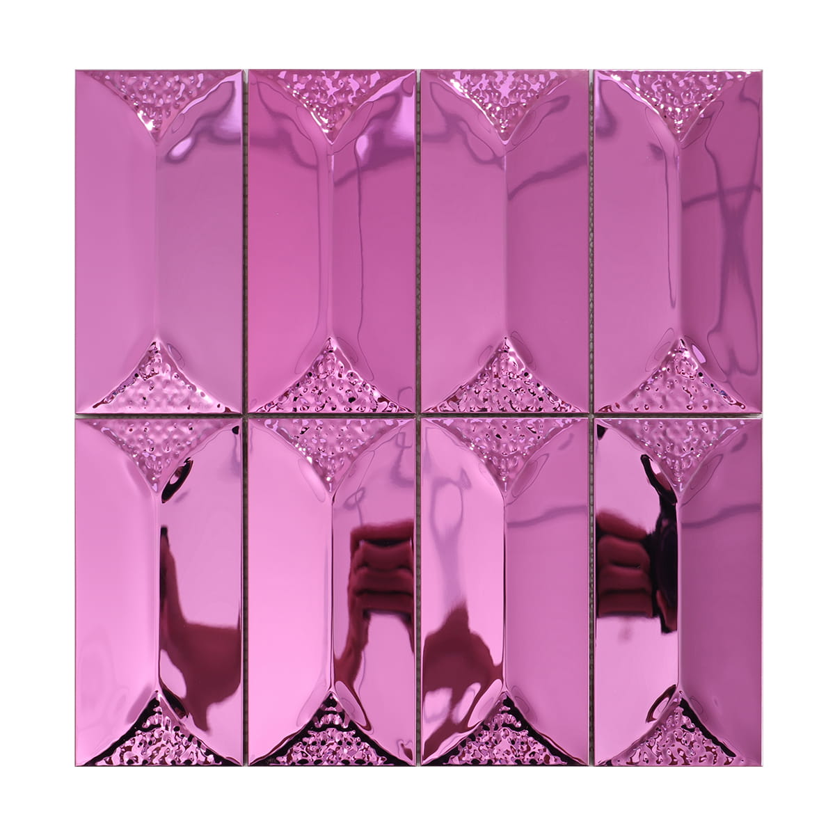 Full view of glossy pink stainless steel rectangular mosaic tiles