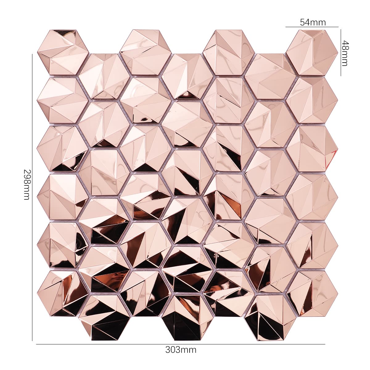 Rose gold 3D hexagon mosaic sheet with size measurements
