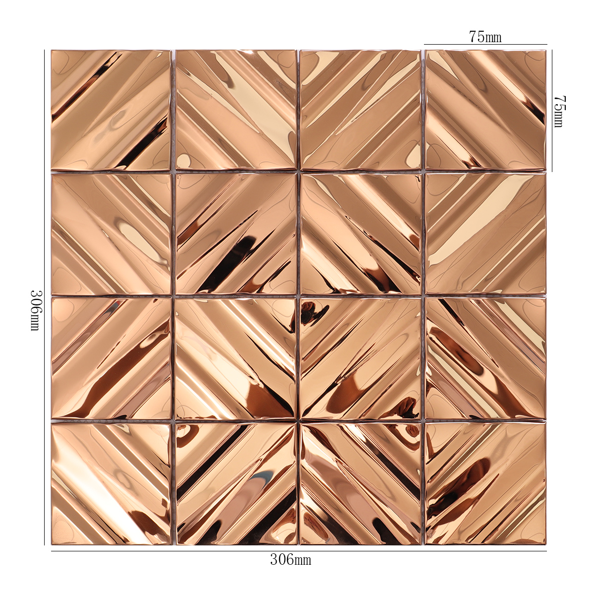 3D rose gold mirror stainless steel square metal wall tile with size details.