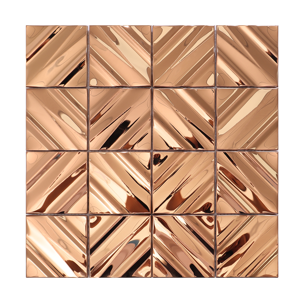 Full sheet of 3D rose gold stainless steel square mosaic tiles.