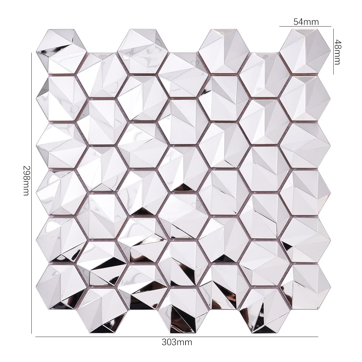 Dimensions of silver 3D stainless steel hexagon mosaic sheet