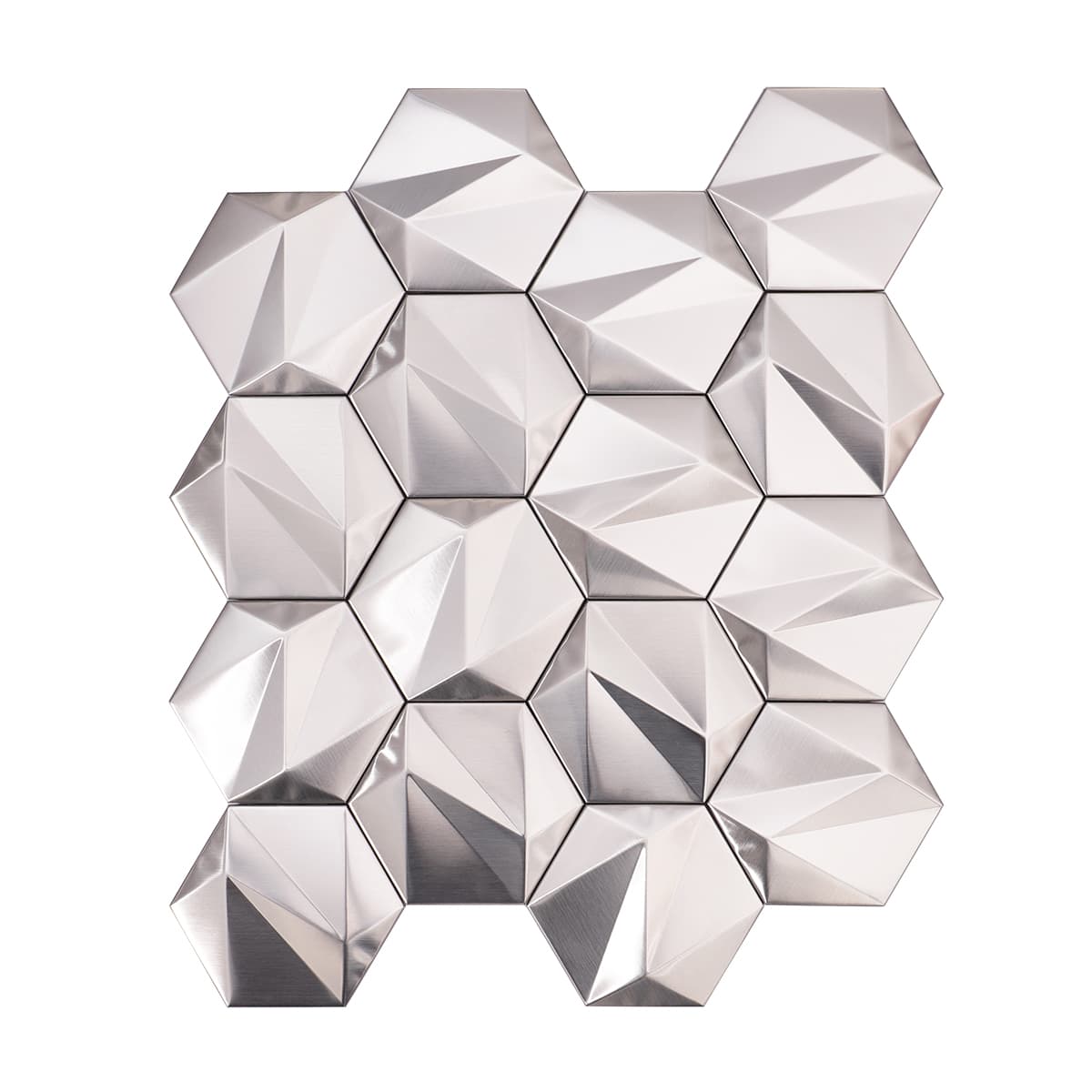 Front view of brushed stainless 3D hexagon mosaic