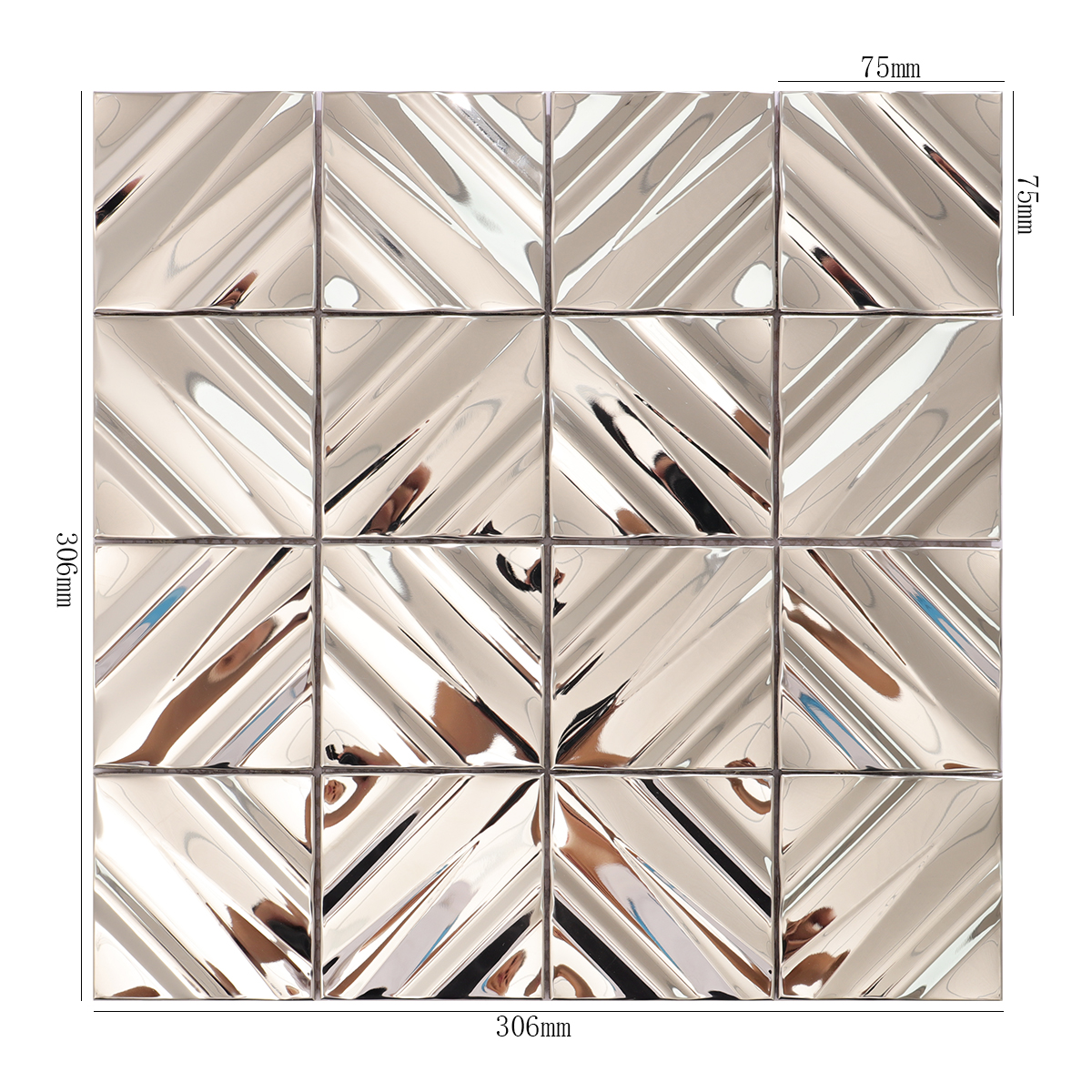 Glossy 3D silver metal square geometric mosaic tiles with size details