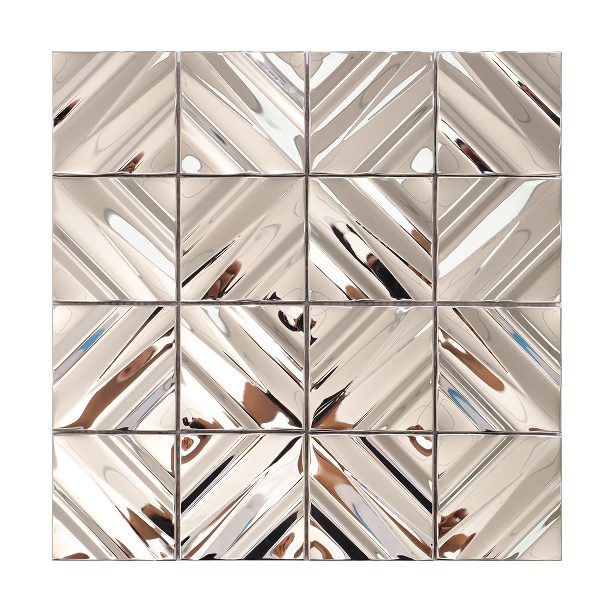 Full sheet of glossy silver metal 3D square mosaic tiles.