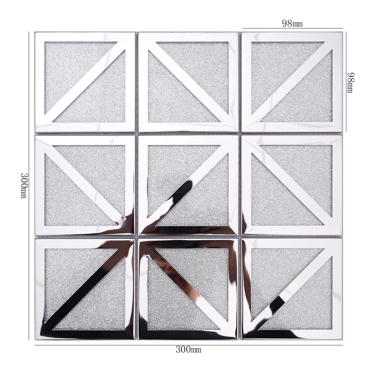 Full sheet of silver glitter square mosaic tile with triangle design and measurements