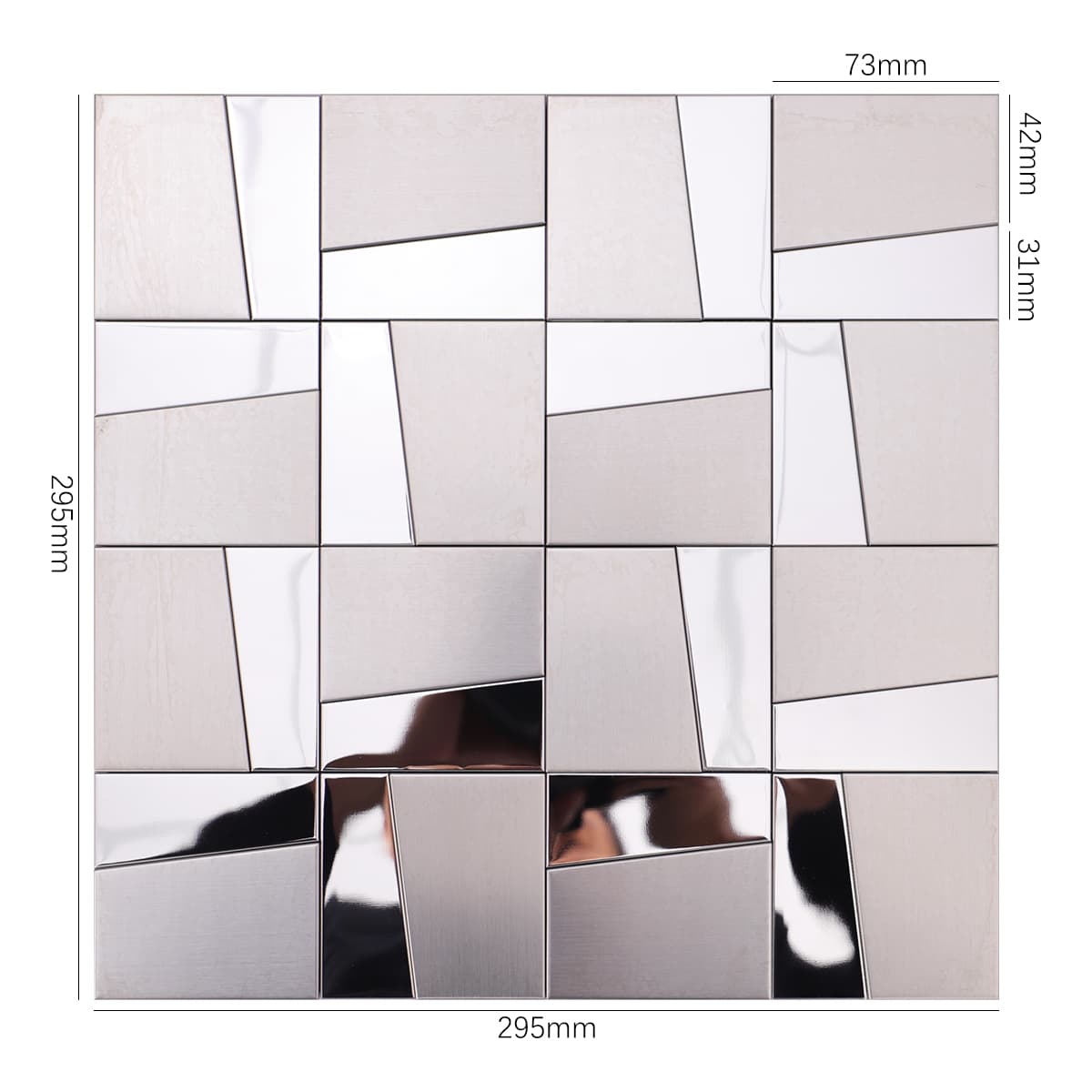 Silver steel mosaic sheet with size markings and angular layout