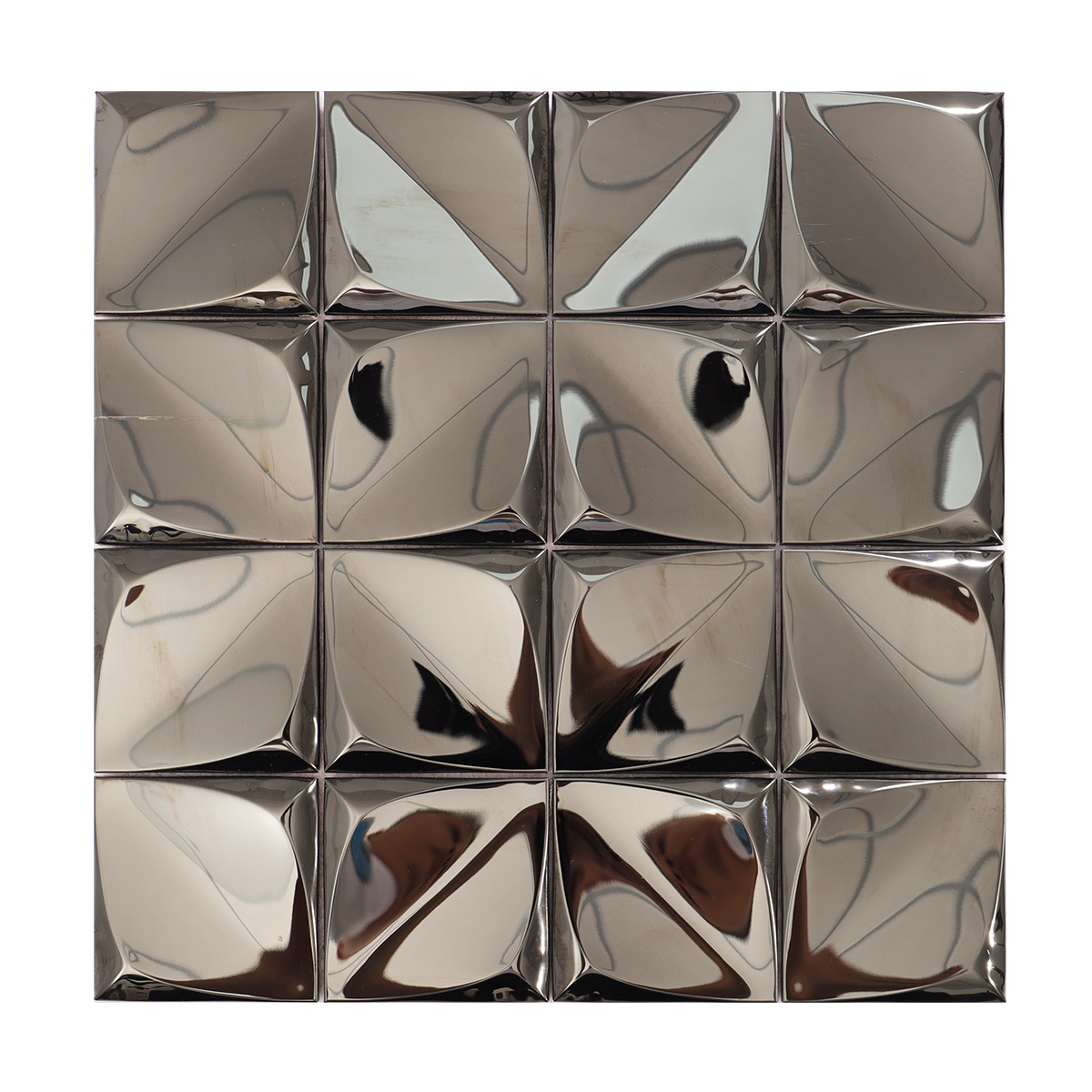 Full layout of 3D high-gloss black stainless steel square mosaic tiles.