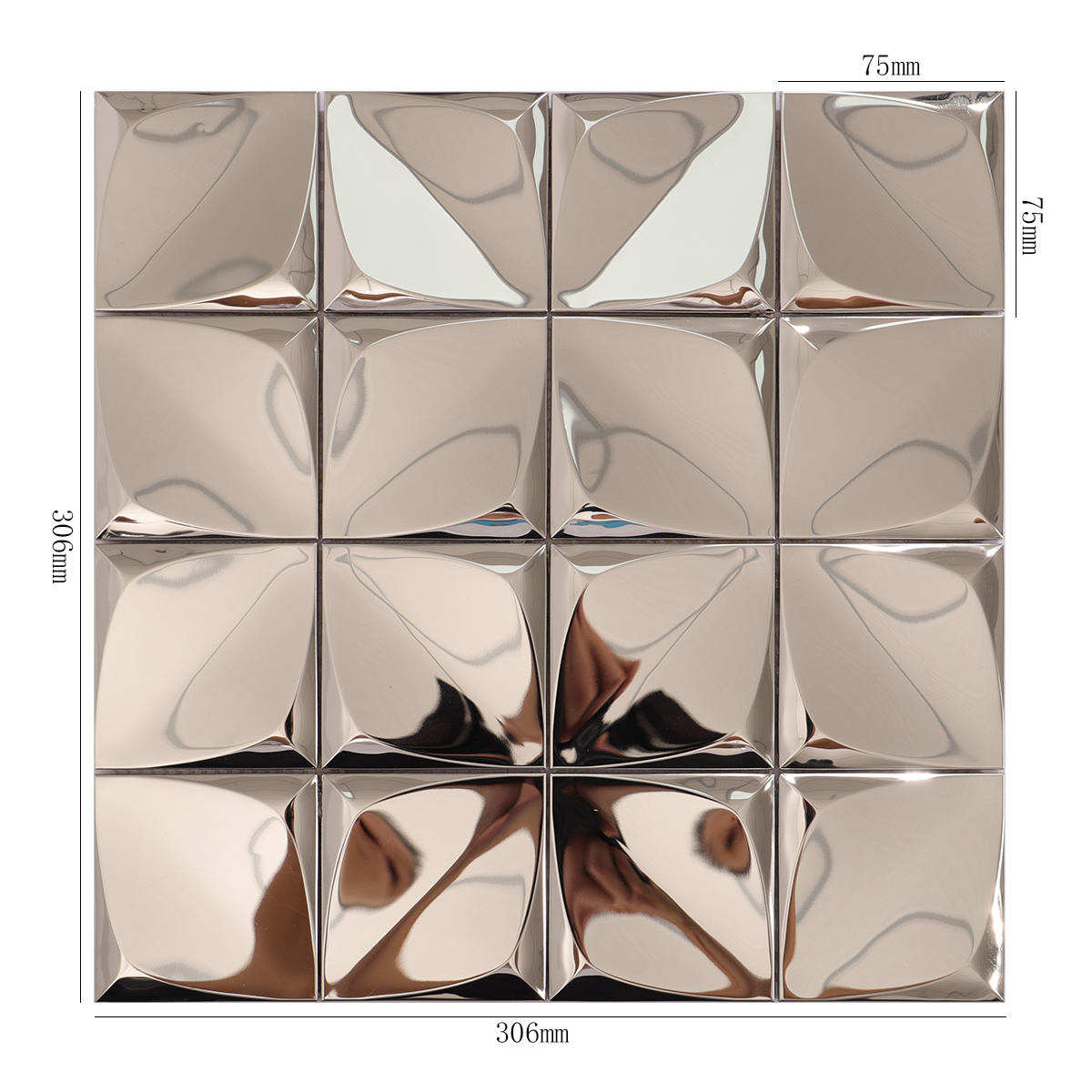 3D silver glossy stainless steel square mosaic tiles with size details