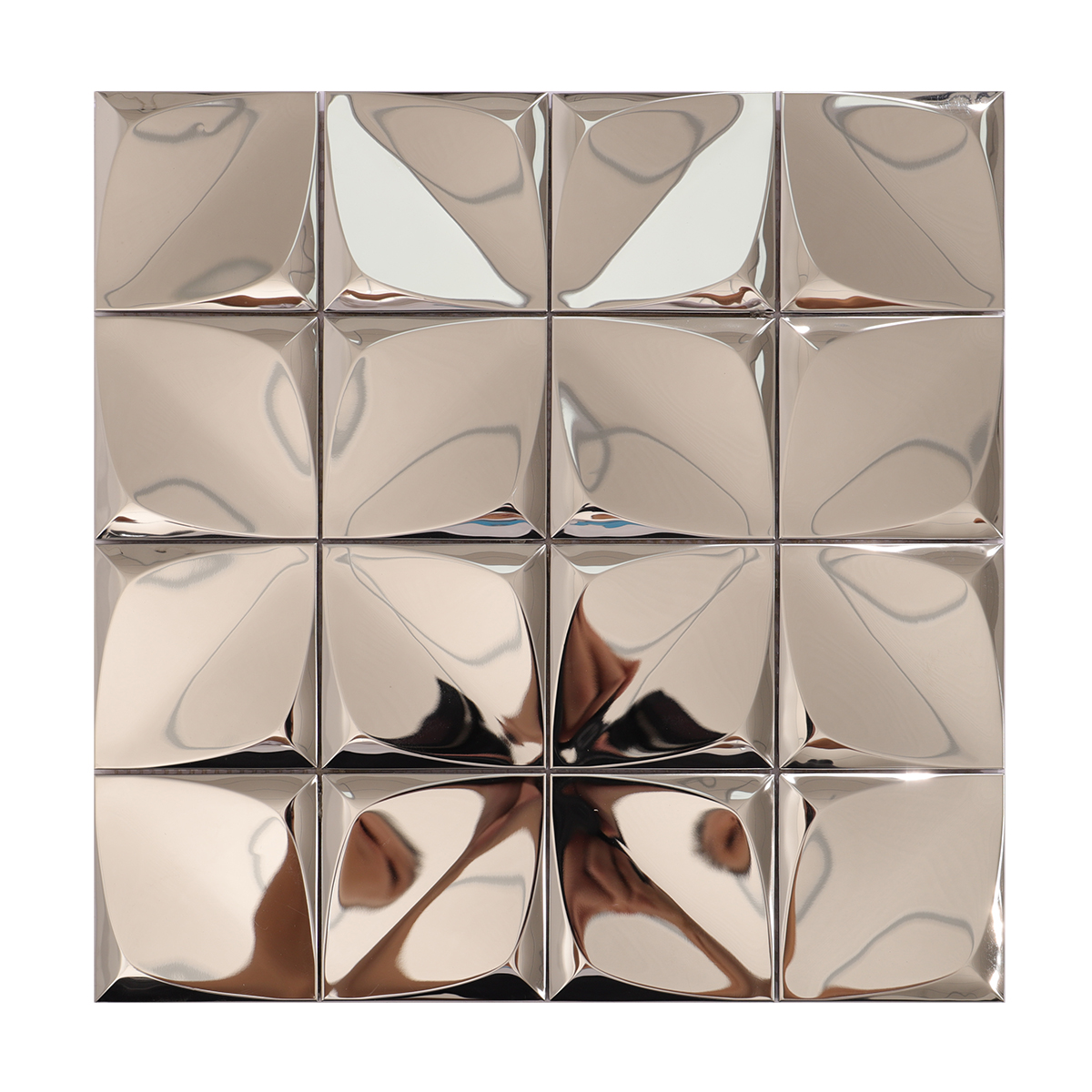 Complete view of 3D silver stainless steel square mosaic wall tiles