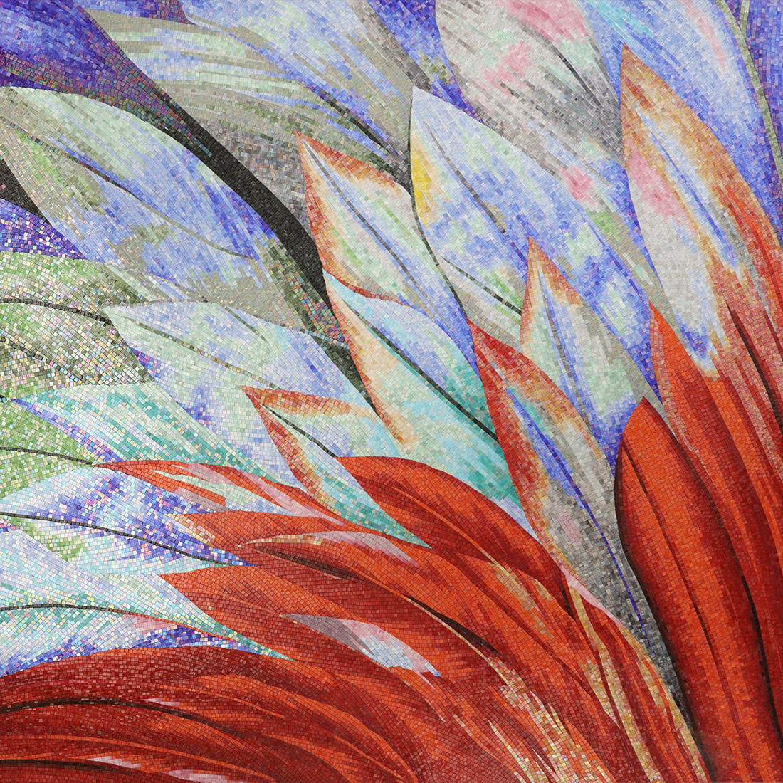 Full colorful leaf glass mosaic mural with red, green, blue, and white leaves