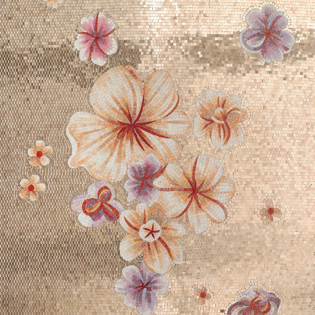 Handmade floral glass mosaic mural with beige background and colorful flowers